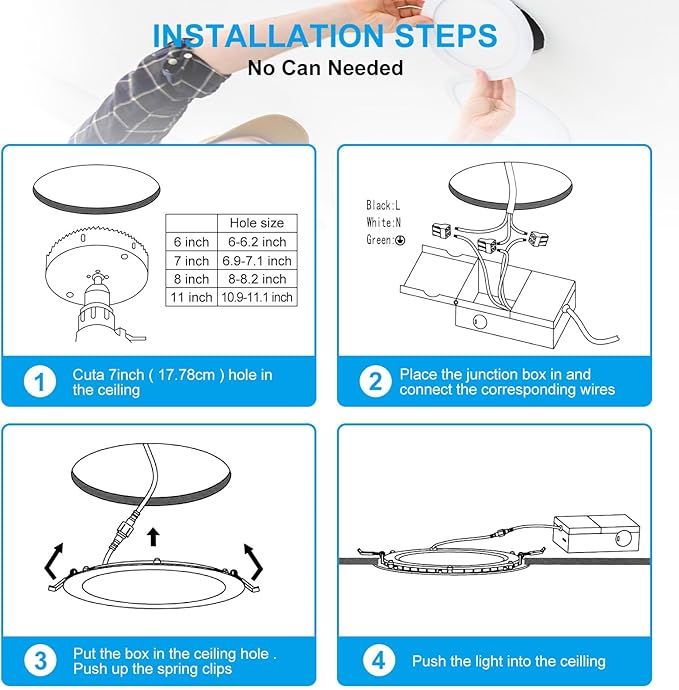 Elaruslux 2 Pack 7 Inch 3CCT Ultra-Thin LED Recessed Light with Junction Box, 3000K/4500K/6000K Selectable, 18W Eqv 125W, Dimmable Canless Downlight, 1600LM High Brightness