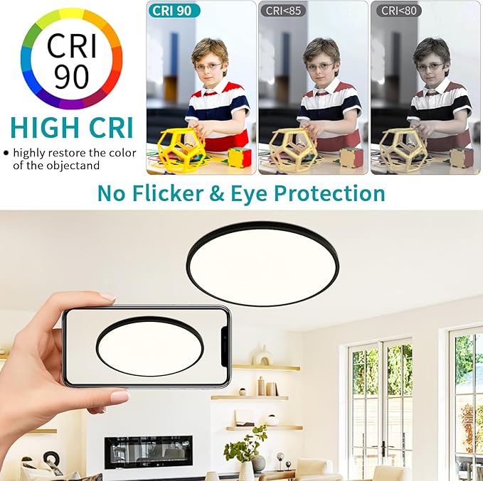 24 Inch Large Flush Mount Ceiling Light Fixture, Dimmable with Remote Control, 56W, 5600 Lumen, Modern, Round, Black, for Kitchen, Dining Room, Bedroom, Living Room, Home Office