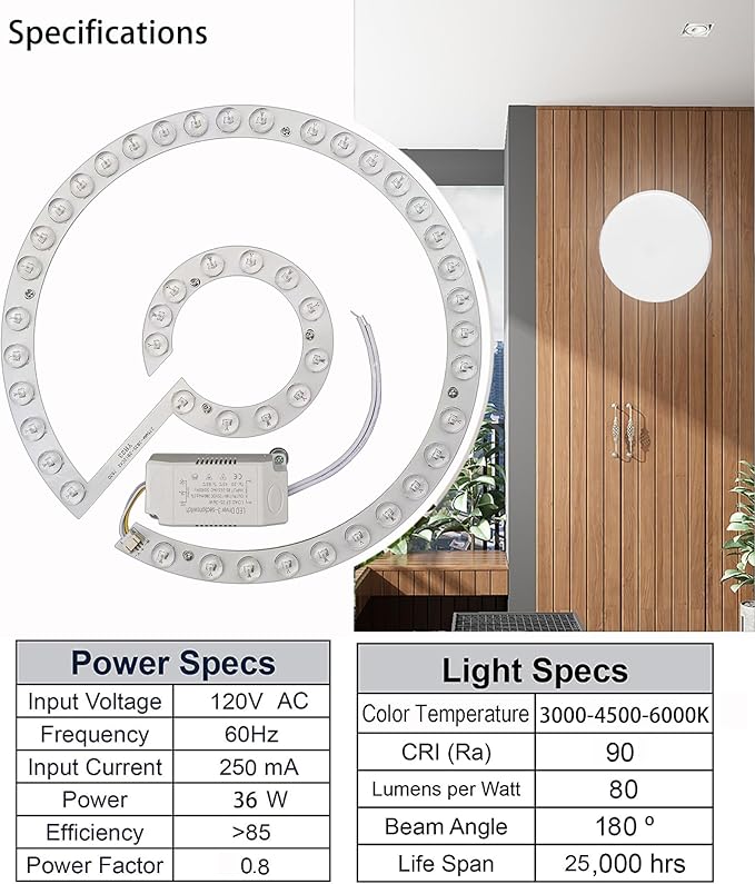 36W LED Close to Ceiling Flush Mount Fan Fandelier Retrofit Light Kit Replacement Engine Panel Board Light Bulb, 3CCT 3000K/4500K/6000K (36W)