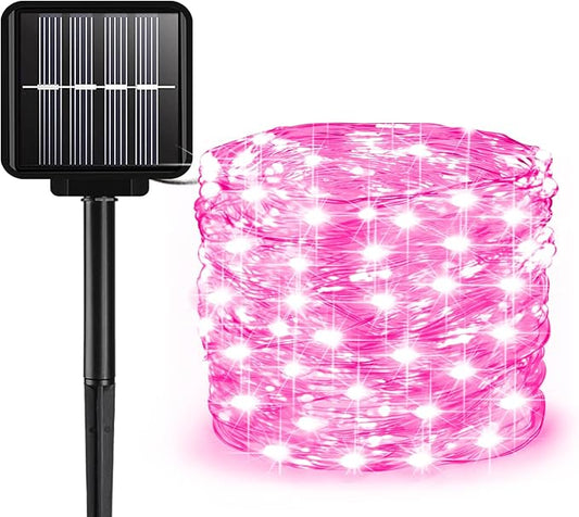 Solar String Lights Outdoor, 33 Feet 100 LEDs 8 Modes Solar Fairy Lights for Outside, Waterproof Outdoor Light for Patio Yard Christmas Tree Halloween Wedding Party Decorations, Pink