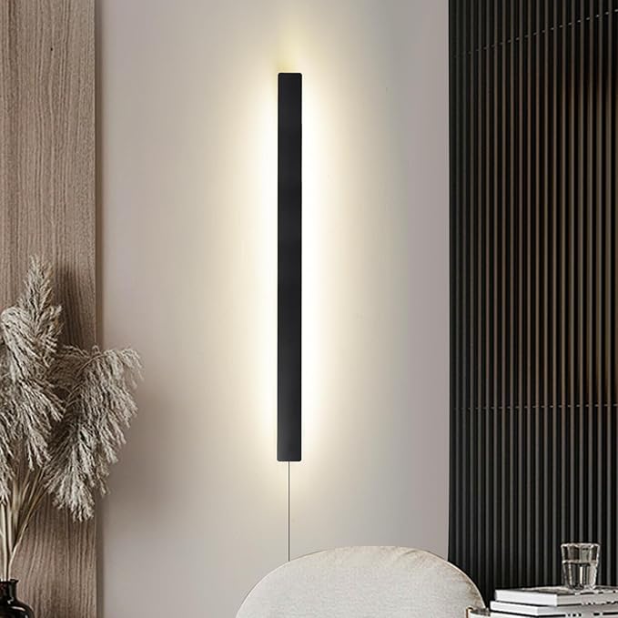 KELUOLY Modern Plug in Wall Lights, 31.4 inch Frosted Black LED Long Wall Sconce, 16W Warm White 3000K Acrylic Indoor Wall lamp,with 59" Plug Cable for Bedroom, Living Room, Hallway