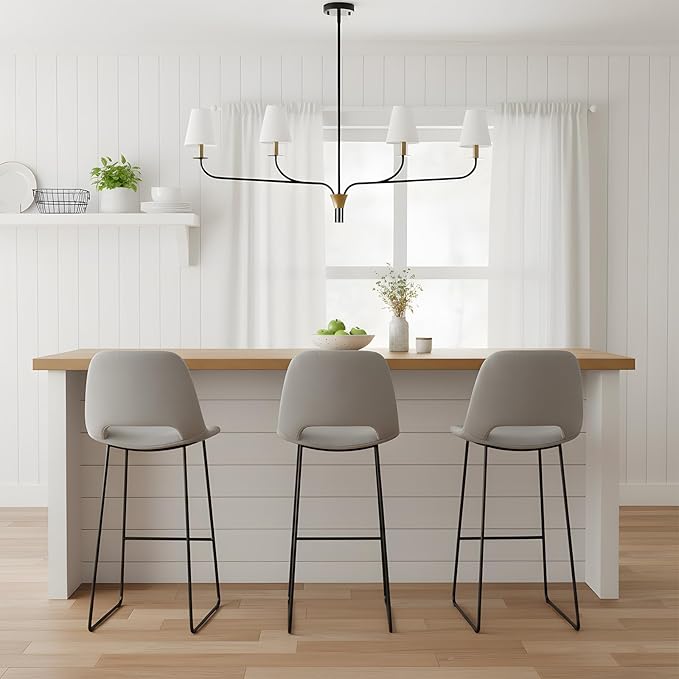 Modern 42" Linear Chandelier for Kitchen Island & Dining Room - 4-Light Black and Gold Finish with White Fabric Shades, Adjustable Hanging Pendant Light Fixture, E12