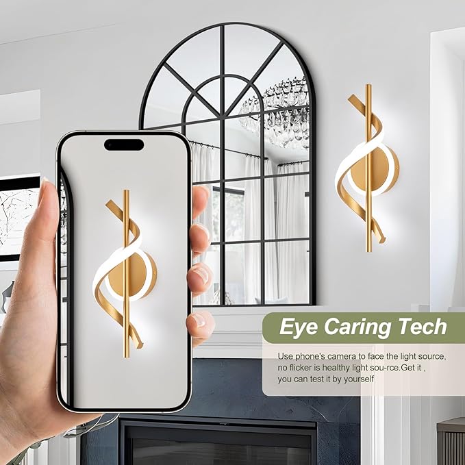 EIDISUNY LED Wall Sconces Indoor, 12W LED Wall Mount Lights, Modern Spiral Wall Lamp, 6000K Cold Light Fixture for Stairs, Living Room, Bedroom, Aisle, Hallway (Cold White, Gold)