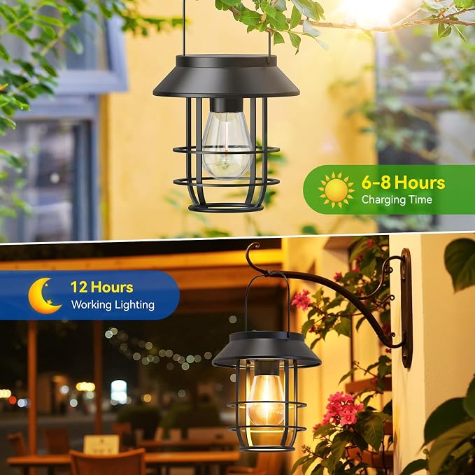 Solar Lanterns Outdoor Waterproof, High Brightness Hanging Solar Lights for Outside with Wall Hooks, Christmas Decor Retro Metal Outdoor Lanterns Auto On/Off for Patio, Yard Decor, Black, 2Pack