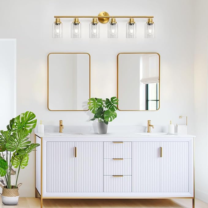 6-Light E26 Gold Bathroom Vanity Lights, Modern Bathroom Light Fixtures with Clear Glass Shade, Wall Lamps for Mirror Hallway Kitchen Cabinet Living Room Sconces Lights
