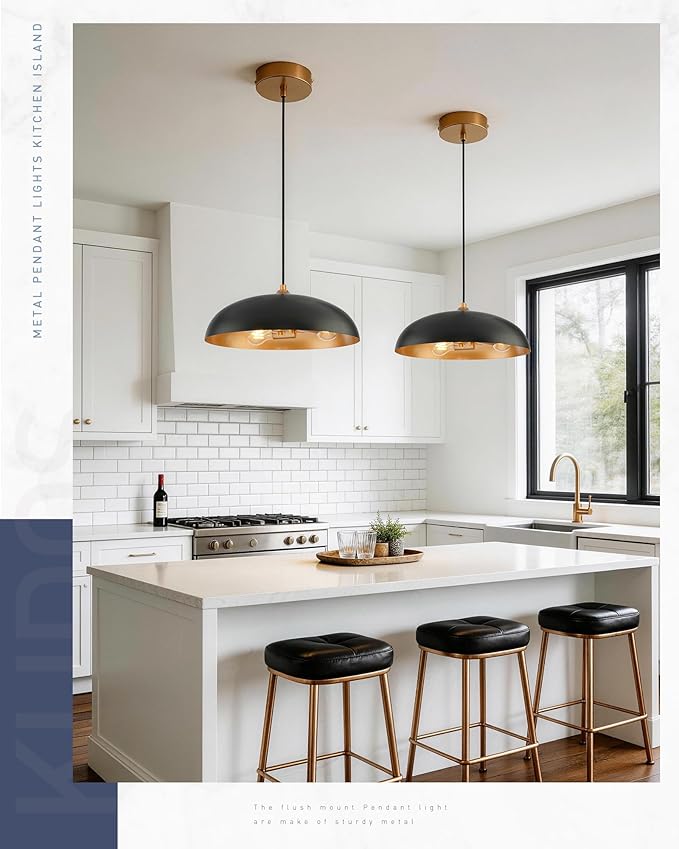 kudos 3-Light Pendant Lights, Modern Pendant Lights Kitchen Island with Matte Black Metal Finish and Gold Interior, Hanging Lamp with Adjustable Cord for Hallway Kitchen Bar Bedroom, KDPL02-BKE