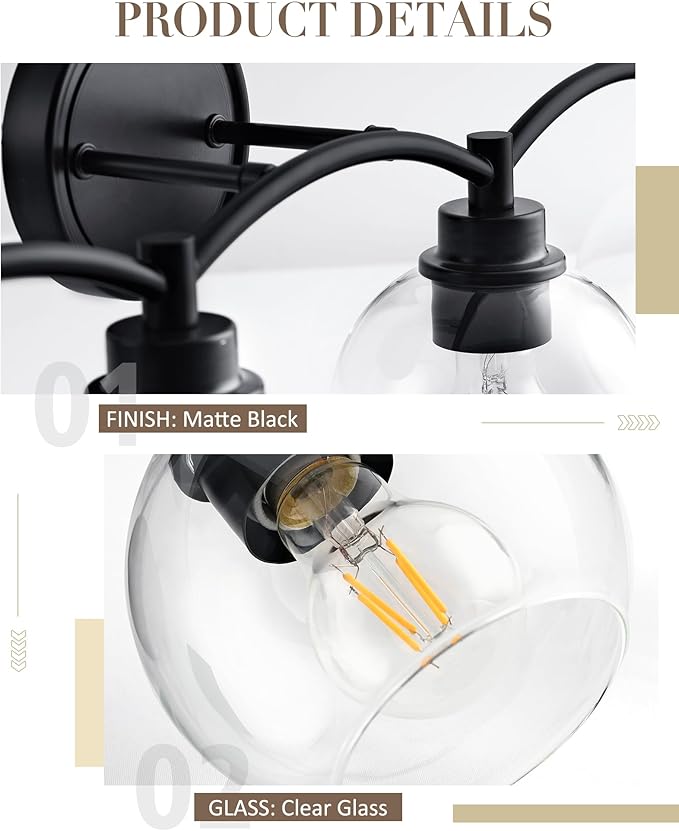 4-Light Vanity Light Fixture Over Mirror,Globe Bathroom Light with Clear Glass,Modern Black Wall Sconce,ZCVL02BK-4