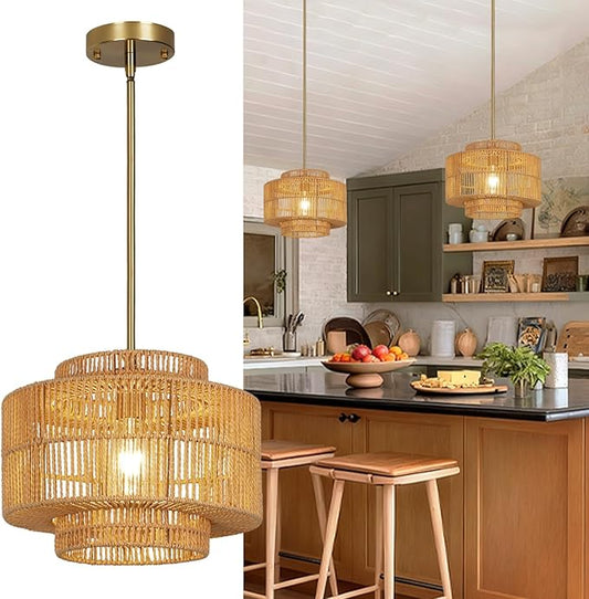 13" Boho Rattan Pendant Light Fixture, Hand Woven Wicker Hanging Lamp with Gold Ceiling Mount, Modern Farmhouse Lighting for Kitchen Island, Dining Room, Bedroom, Living Room, Entryway