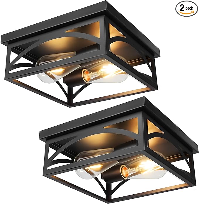 Black Square Flush Mount Ceiling Light Fixtures, 10 Inch Industrial Farmhouse Close to Ceiling Light, Rustproof Outdoor Ceiling Light with Heat Insulation, for Kitchen Hallway Bedroom, 2 Pack, E26