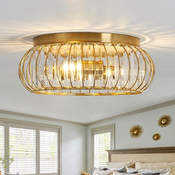 YYJLX Crystal Flush Mount Ceiling Light Fixtures Modern Gold Ceiling Light 3 Light Ceiling Chandelier for Hallway Bedroom Bathroom Foyer Living Room Dining Room Kitchen.