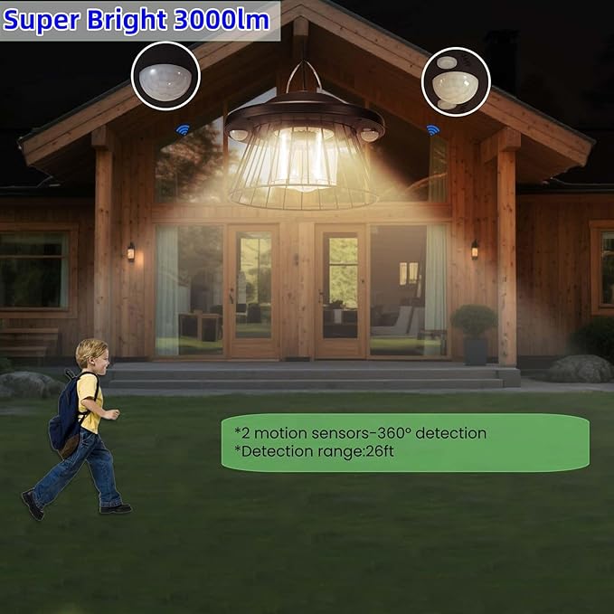 HULPPRE 3000lm Solar Light Indoor&Outdoor,Solar Shed Light Daytime or Night,Classic Metal with E27 Bulb,Cool or Warm White,5 Modes LED Pendant Lamp for Barn,Chicken Coop,Patio,Garden,Yard,Gazebo
