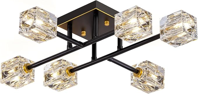 Semi Flush Mount Ceiling Light Fixture,6-Light Modern Crystal Chandeliers,Black and Gold Farmhouse Lighting Fixtures for Dining Room Living Room Kitchen Bedroom Entryway