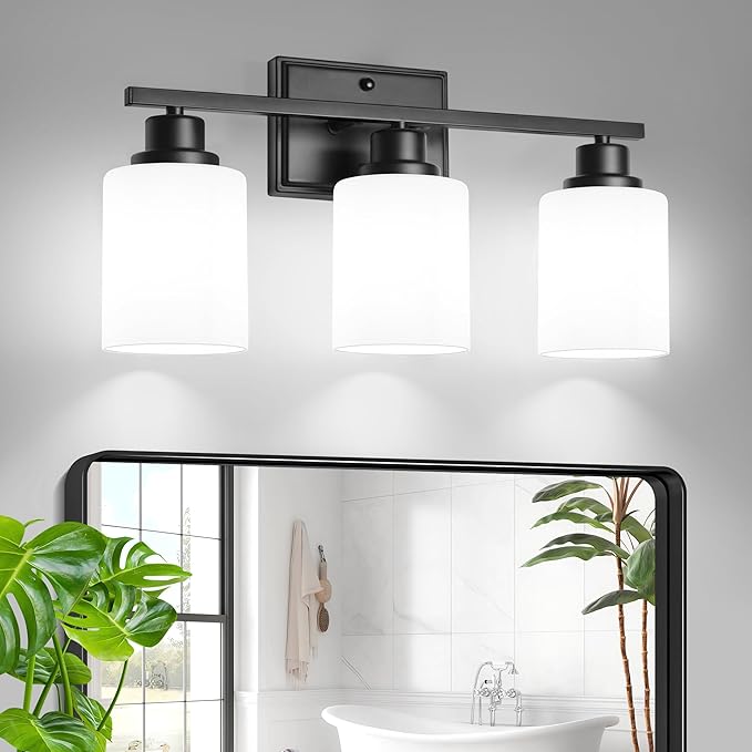 Unicozin 3-Light Bathroom Light Fixtures, Modern Black Vanity Light Over Mirror, Wall Sconces with Milky White Glass Shades for Living Room Bedroom Hallway E26 Base