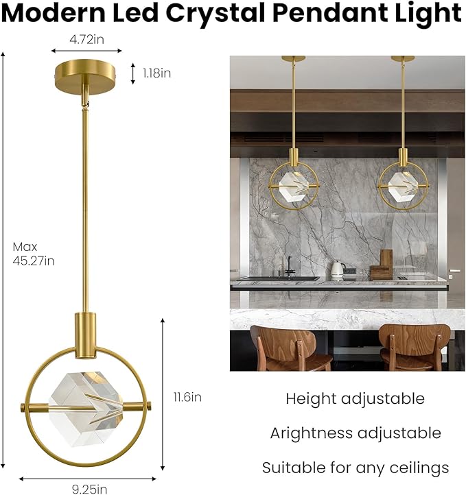 Modern Crystal Led Pendant Light: Gold Circular Pendant Lights Over Kitchen Island - Luxury Dimmable Crystals Hanging Lighting - Contemporary Pendants Light Fixtures for Bedroom Bathroom Living Room