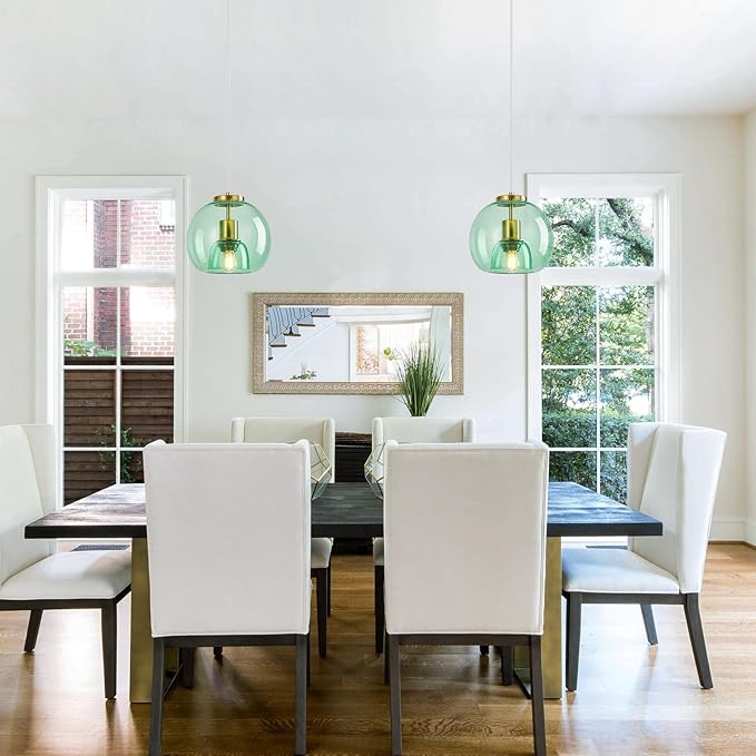 Light Green Glass Pendant Lights Kitchen Island Gold Hanging Light Fixture Glass Globe Pendant Light Modern Pendant Lighting for Kitchen Island Bedroom Dining Room (7.87", 3 Pack)