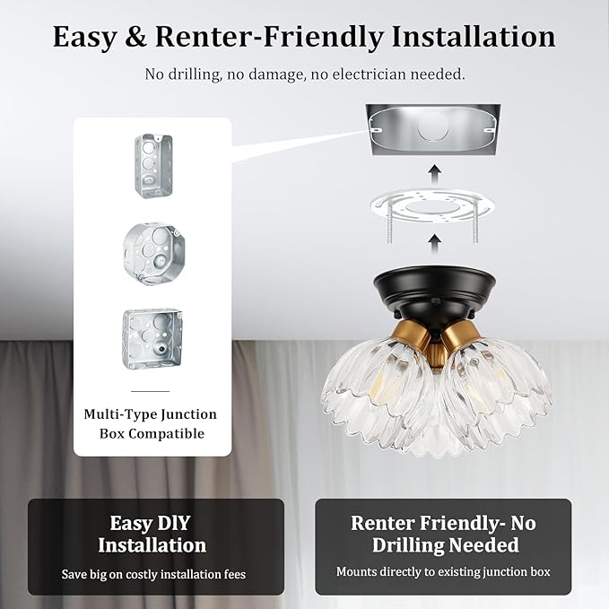 TALOYA Semi Flush Mount Ceiling Light,3-Light Close to Ceiling Light Fixtures with Clear Tulip Glass Shades Modern Farmhouse Lighting Fixtures for Hallway Corridor Kitchen Bathroom Bedroom Passway