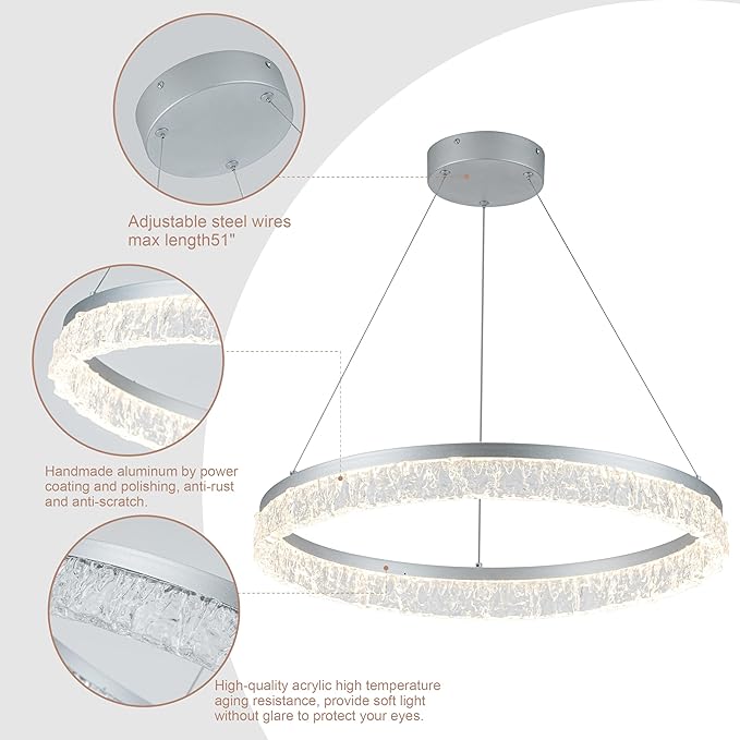 MADEM Modern Silver Led Pendant Light,36W Dimmable LED Chandelier Lighting Fixture, 1 Ring Circular Hanging Led Pendant Lighting for Living Room Dining Room Kitchen Island Foyer Office