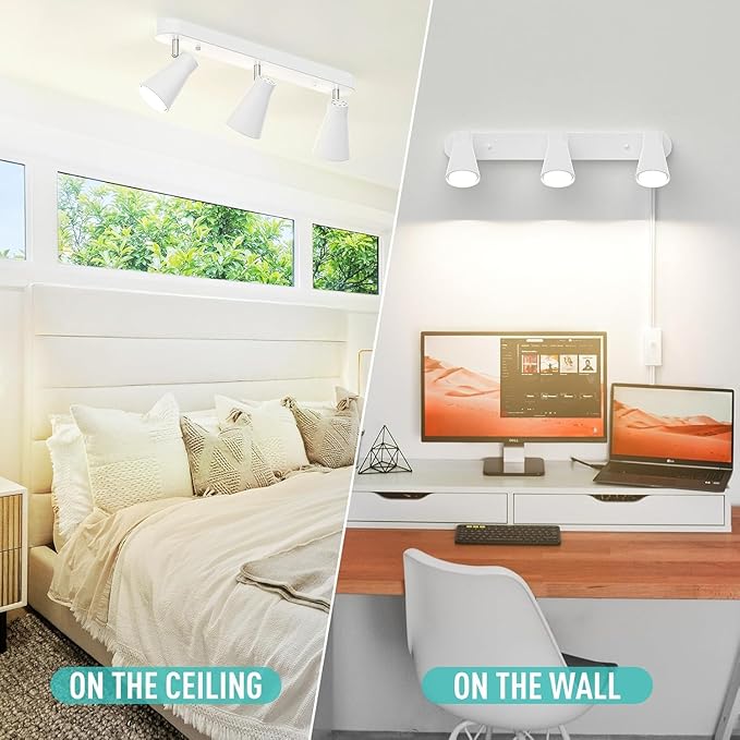 HURYEE Plug in Track Lighting, 3 Light Track Lighting Fixture, White Modern Ceiling Spotlight, Flexibly Rotatable Complete Light Kits for Kitchen Cabinet Living Room（Bulbs Not Included） (White)