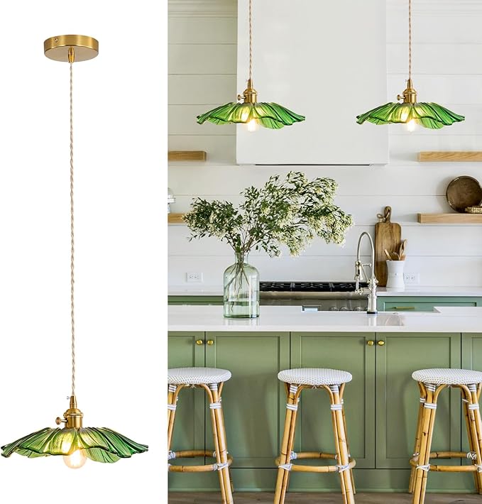 Pendant Light Kitchen Lights Glass Hanging Light Fixture Folwer Light Pendant Lights Modern Lighting for Bedroom Kitchen Hallway Bathroom Green Sunflower