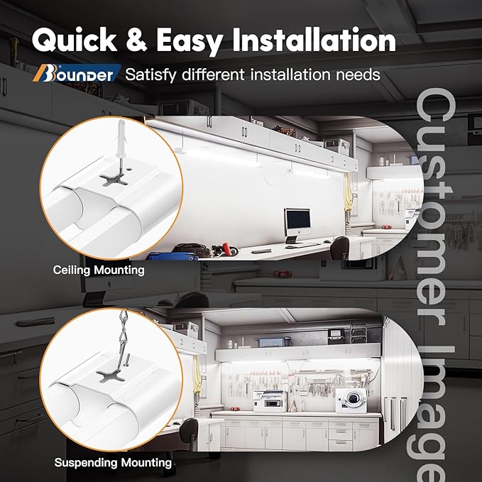 BBOUNDER 4 Pack Linkable LED Utility Shop Light, 4 FT, 4000 LM, 48 Inch Integrated Fixture for Garage, 40W Equivalent 250W, 5000K Daylight, Surface + Suspension Mount, White