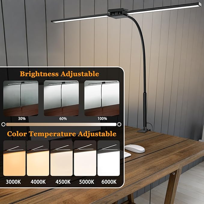 LED Desk Lamp for Home Office, Double Head Computer Monitor Light with Clamp, 5 Color Modes and 3 Brightness Levels, Long Flexible Goose-Neck, USB Eye-Caring Clip on Lights for Reading, Black