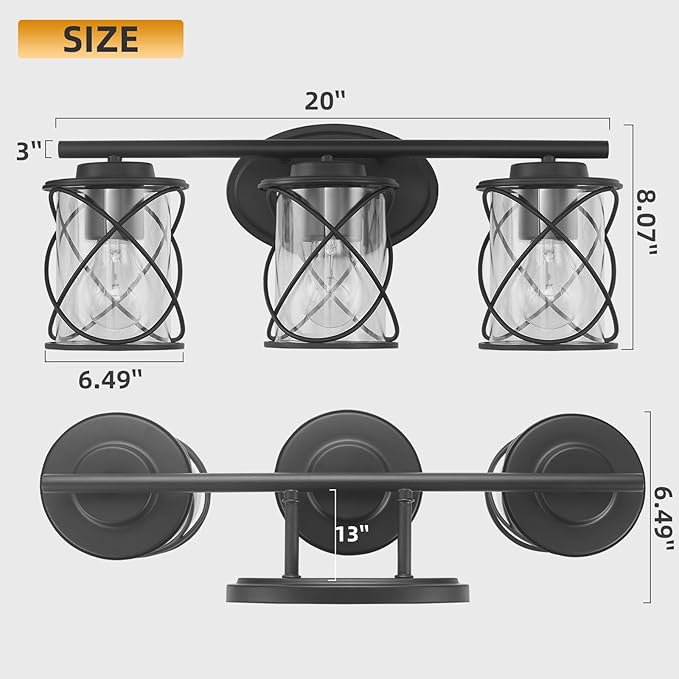 mavcadonf 3-Light UL Certified Bathroom Vanity Light, Matte Black Farmhouse Wall Sconce Over Mirror Lighting Fixture with Clear Glass Shade for Bathroom Kitchen Bedroom Hallway