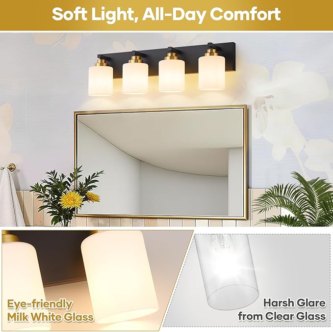 Bathroom Vanity Light Fixture, 4-Light Black and Gold Bathroom Light Fixtures Over Mirror with Milky White Glass Shades, Modern Vanity Lights for Bathroom Living Room Hallway (Bulbs Not Included)