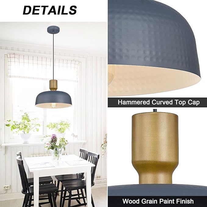 Farmhouse Pendant Lights, Adjustable Hanging Light Fixtures with Hammered Metal Shade, 18.1 inch Pendant Lighting for Kitchen Island, Blue