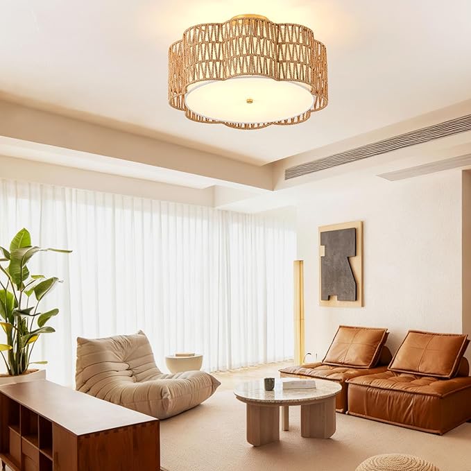 17.7" Rattan Ceiling Light Flush Mount, 3-Light Boho Close to Ceiling Light Fixtures, Rattan Bedroom Ceiling Light Farmhouse Large Drum Chandelier for Dining Room Kitchen Hallway(3-Tier Yellow)