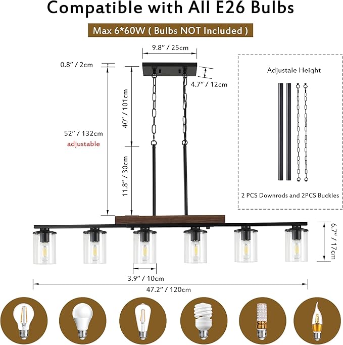 47.2'' Kitchen Island Light Fixtures, 6-Light Dining Room Light Fixture Chandelier Over Table, Black Modern Rustic Wood Ceiling Pendant Light Fixtures, with Clear Glass Shade, Farmhouse Chandelier