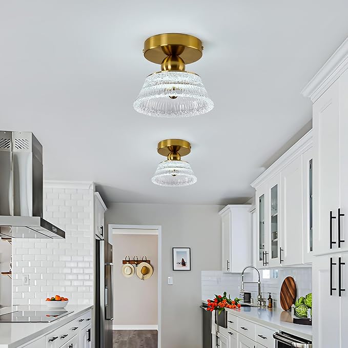 CVKASH Mini Gold Semi Flush Mount Ciling Light LED Modern Hallway Light Fixture Acrylic Close to Ceiling Lamp for Kitchen Living Room Bathroom Entryway Bedroom