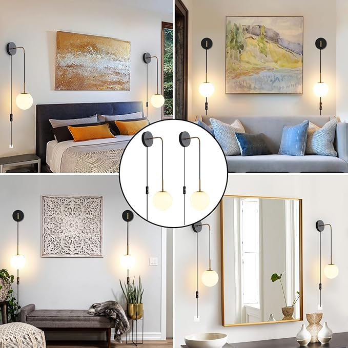 KUZZULL Plug in Wall Sconces Set of 2 Black and Brass Gold Wall Sconces Set of Two Plug in Hanging Wall Lamp with Plug in Cord with Globe White Glass Shade Vintage Wall Lights with Switch for Bedside