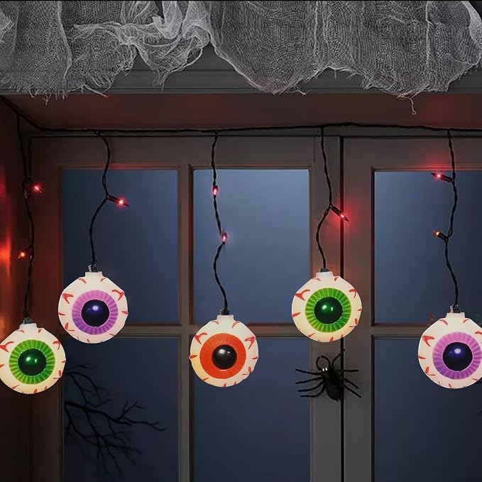 Halloween Eyeball Curtain String Lights Plug in, 7FT Outdoor Halloween Decorations Lights with 10 LED Spooky Eyeball Lights & 15 Mini Purple Bulbs for Window Wall Party Haunted House Patio Decor