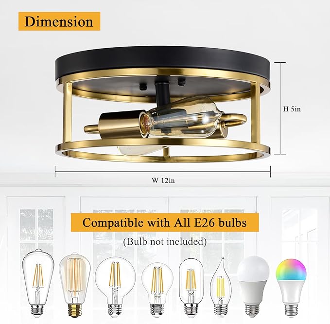Treekee 12" Ceiling Light Fixtures, Flush Mount Lighting Round, Gold Metal Finish, Vintage Retro and Modern Industrial Charm Ceiling Lamp for Bedroom Hallway Foyer Entryway