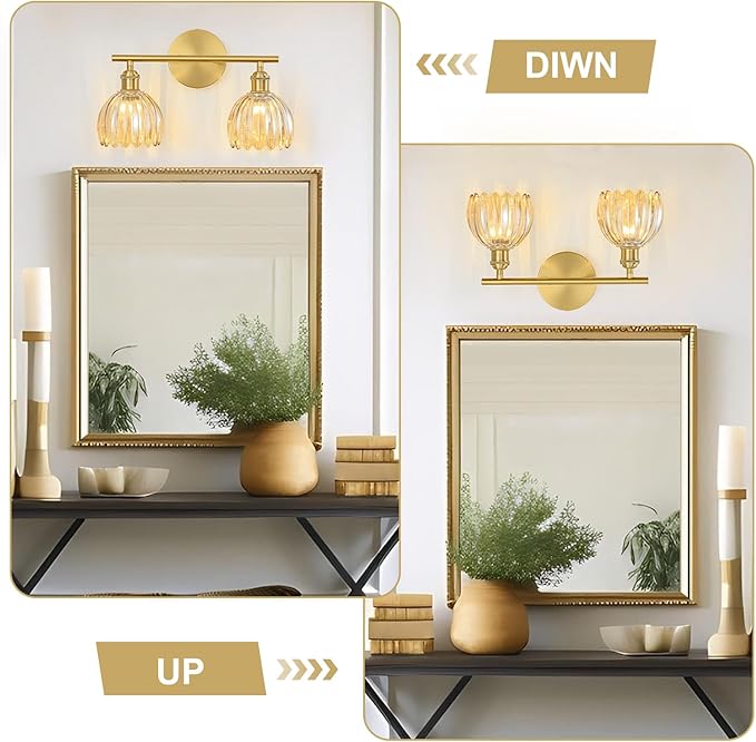 Gold Bathroom Light Fixtures Over Mirror, 2 Light Bathroom Vanity Light Fixture with Tulip Amber Glass Lampshade, Vintage Vanity Lights for Bathroom, Bathroom Vanity Lights Over Mirror