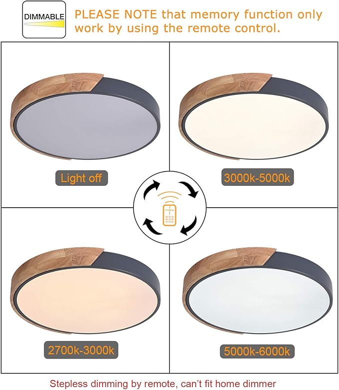 EDISLIVE Ceiling Light Dimmable 15 inch Modern Minimalist LED Round Shaped Wood & Metal & Acrylic Flush Mount Ceiling Light with Remote Control Gray