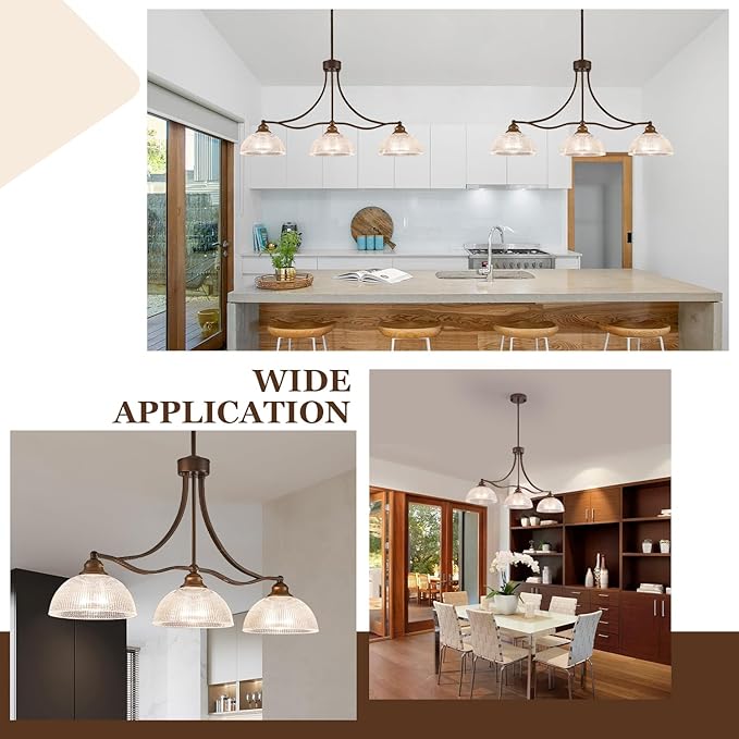 3-Light Oil Rubbed Bronze Pendant Light for Kitchen Island Antique Dome Hanging Light Fixture Brushed Bronze Dinner Room Light with Crystal Glass Adjustable Pendant Lamp for Bedroom Hallway Entryway