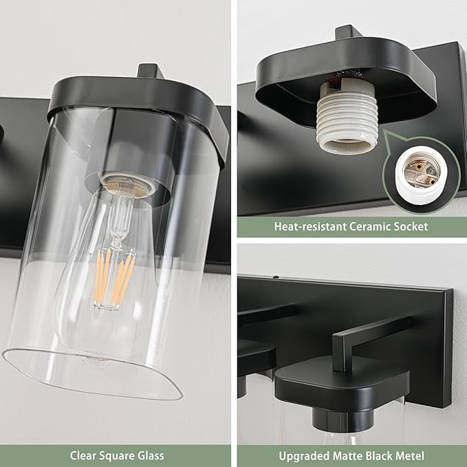 3-Light Bathroom Lighting Fixtures over Mirror, Matte Black Vanity Lights with Square Transparent Glass Shade, Modern Bathroom Vanity Light for Mirror Kitchen, Living Room, Gallery, Hallway