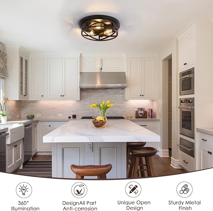 13 Inch Farmhouse Close to Ceiling Lights, Wood Finish Metal Cage Flush Mount Ceiling Light 3-Lights, Black Industrial Semi Flush Mount Ceiling Light for House Hallway Kitchen Bedroom