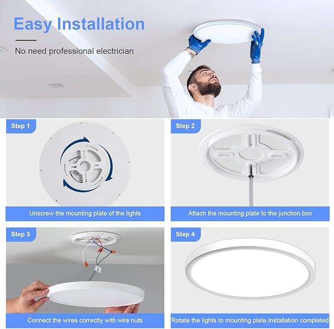 hunhun 4 Pack 15.8 Inch Dimmable LED Flush Mount Ceiling Light 4800LM Round Light Fixture 5 Color Temperature Selectable Large Flat Ceiling Lamp for Living Dining Room White ETL Listed