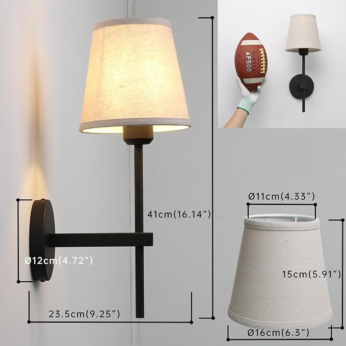 Vintage Wall Sconce with Linen Fabric Shade, E26 Bathroom Vanity Light, Hardwired Indoor 1-Light Wall Mounted Lamp for Hallway Bedside Nightstand Light