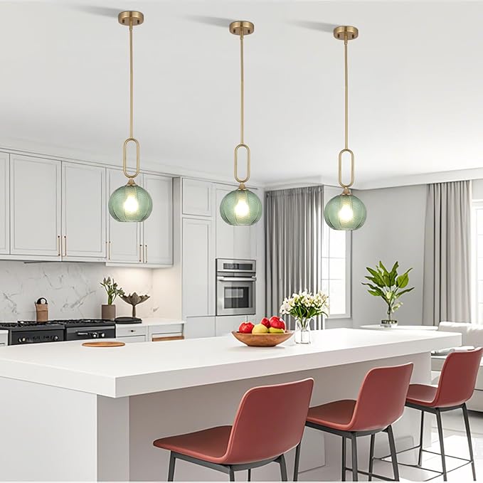 Green Glass Pendant Light Modern Globe Pendant Lighting Nordic Ribbed Gold Ceiling Hanging Chandelier with Brushed Brass Adjustable Rods Dining Room Kitchen Island Light Fixture