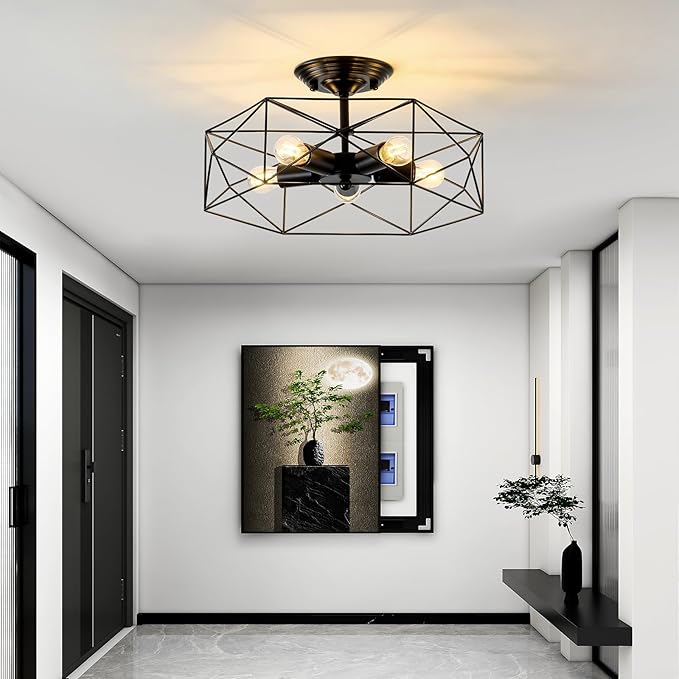 5-Light Farmhouse Semi Flush Mount Ceiling Light Fixture, Modern Black Ceiling Light, Industrial Close to Ceiling Light with Metal Hexagon Cage Ceiling Lamp for Kitchen, Hallway, Bathroom，closet