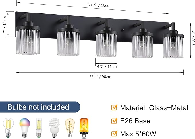Modern Crystal Bathroom Light Fixtures, 5 Light Black Farmhouse Vanity Lights, with Crystal Glass Shade, Industrial Bathroom Lighting Fixtures Over Mirror Wall Light for Bedroom Living Room