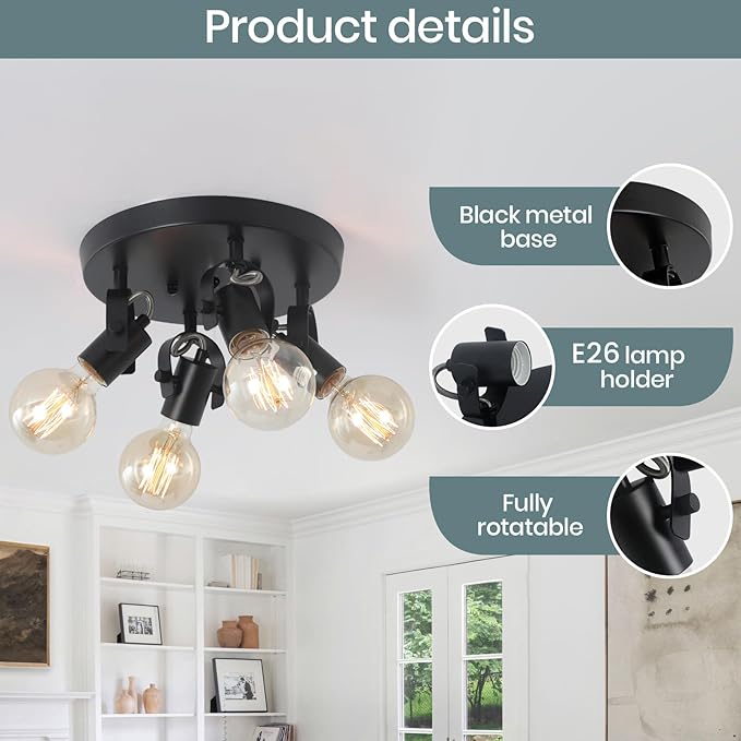 4-Light Kitchen Ceiling Spotlight，Multi-Directional Track Lighting Fixtures Ceiling with Open No Shade Design, Black Ceiling Light for Kitchen Island, Sink,Dining Room, (E26, Bulb Not Included)