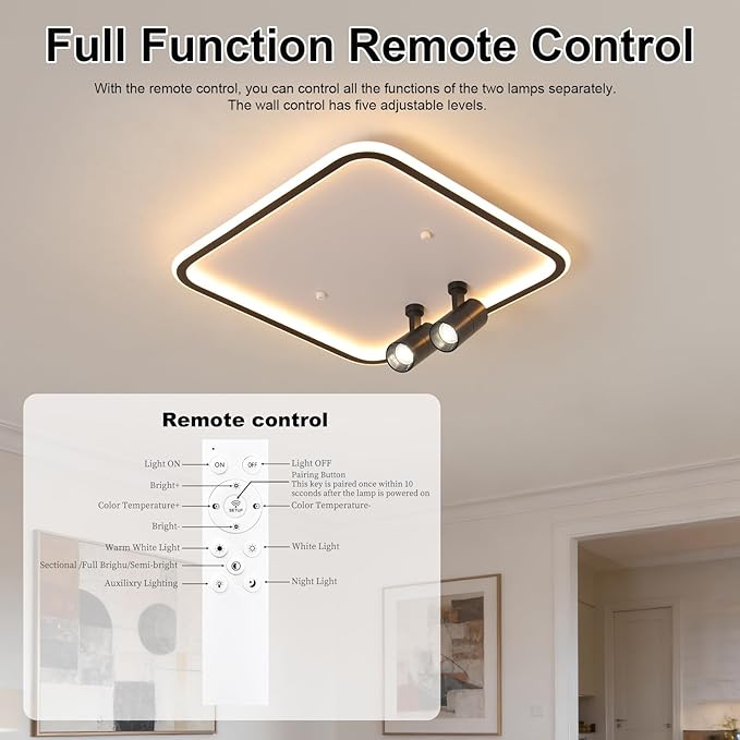 Modern Square LED Flush Mount Ceiling Light Fixture, 2 Adjustable Spotlights, Black Frame White Shade Minimalist Lighting for Living Room Bedroom Kitchen