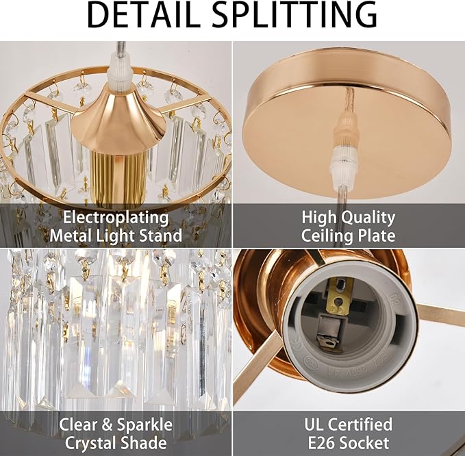 Crystal Ceiling Pendant Lighting Fixture for Living Room Dining Room Kitchen Hallway (Gold Pendant)
