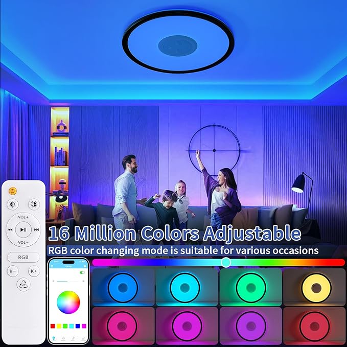 RGB LED Ceiling Light, with Bluetooth Speaker, 24W 11Inch Smart Music Ceiling Lamp with App and Remote Control, 3000K-6500K Color Changing Lights Fixture for Child Bedroom Bathroom, Black