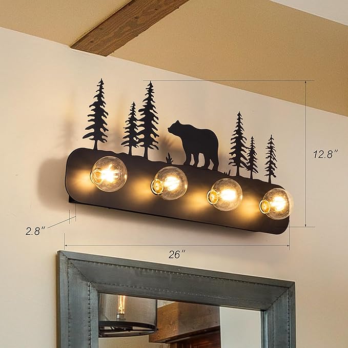 TOCHIC Rustic Bathroom Light Fixtures, 4 Lights Farmhouse Bathroom Vanity Light Over Mirror Dimmable, Western Bear Sconces Wall Lighting for Mirror Cabinets, Powder Room, Living Room, Black, 26”L