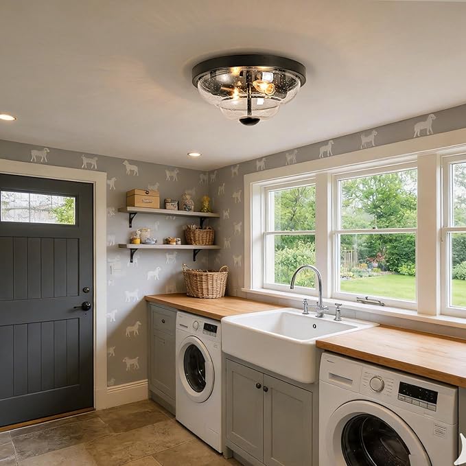 Flush Mount Ceiling Light Fixtures, 2-Light Ceiling Mount for Farmhouse with Seeded Glass Lampshade, Industrial Flush Mount Light Fixture Farmhouse for Hallway, Kitchen, Entryway,Bedroom